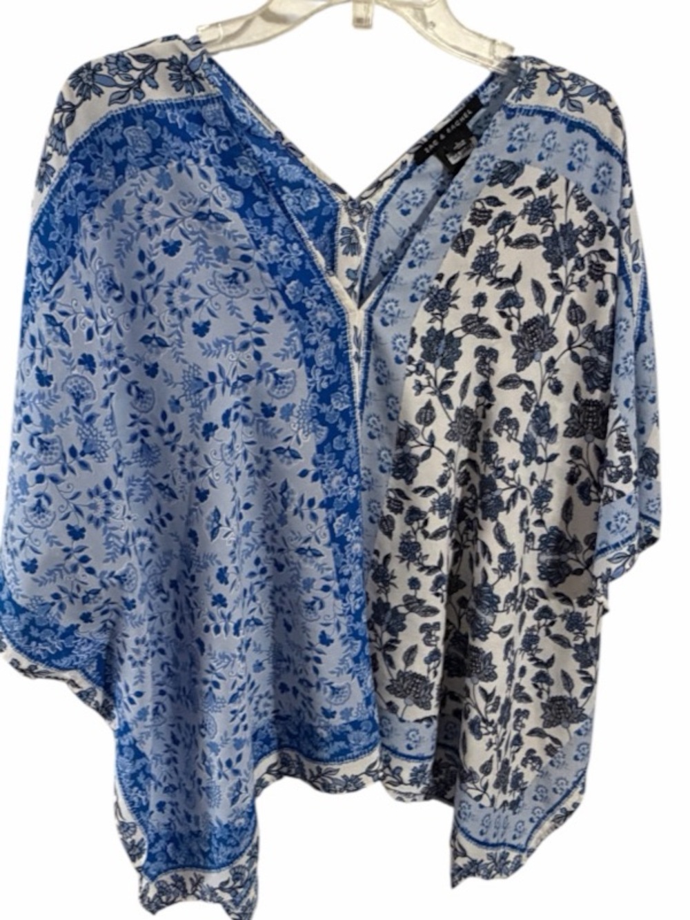 Zac & Rachel Mixed Media Floral Bell Sleeve V-Neck Kaftan Top Large Blue White